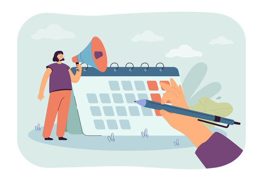 Hand with pen marking date on calendar flat vector illustration. Girl with loudspeaker scheduling or announcing weekend. Schedule, deadline concept for banner, website design or landing web page