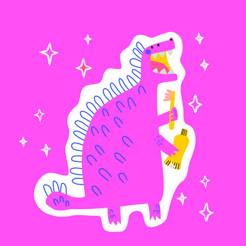 Cartoon dinosaur with toothbrush and toothpaste. Stegosaurus. A picture with sparkles of stars. Cute baby illustration in flat style. Stickers, merch, promotional sticker for brushing your teeth.