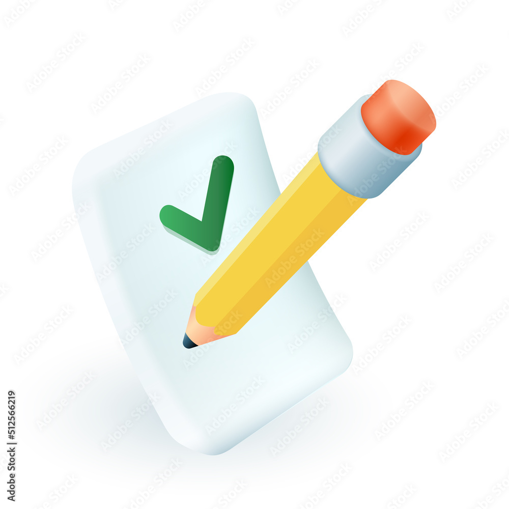 Poster pencil and sheet of paper with checkmark 3d icon. checklist, list of products or tasks 3d vector ill