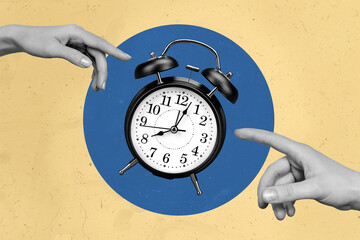 Photo cartoon comics sketch picture of arm palm classic vintage clock isolated blue beige painted...