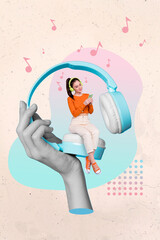 Plakat Creative vertical collage image of huge arm hold small girl sit headphones listen music use telephone painted melody background