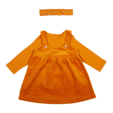 mustard color babygirl sundress with t-shirt and headband isolated on white