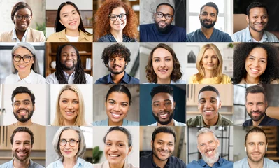 Fotobehang Virtuele conferentie, webinar, online vergadervideoscherm. Groep diverse werknemers, collega& 39 s die app gebruiken voor videocommunicatie, virtuele conferentie, kijkend naar de camera. Collage van diverse mensen © Vadim Pastuh