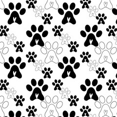 Black and white pattern with dog paws and heart