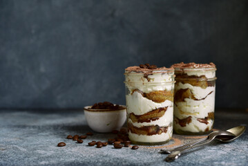 Delidious italian dessert - tiramisu with strawberry and chocolate.