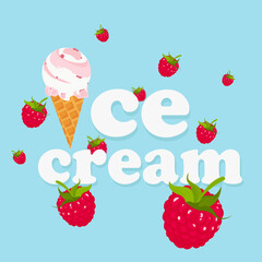 Ice Cream Text Logo. Title design With Clean Blue Background. Raspberry ice cream. 