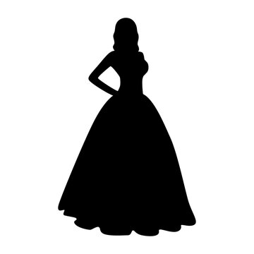 Bride in wedding puffy dress black isolated silhouette on white background. Abstract female image in evening dress. Shadow girl stands alone vector illustration. Beautiful lonely woman
