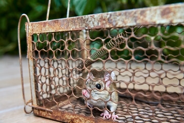 The trapped rat, feeling worried and despondent in a mousetrap cage.