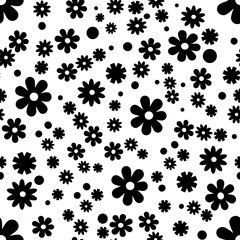 Monochrome Daisy Flowers on white background Seamless Pattern. Abstract art print. Design for paper, covers, cards, fabrics, interior items and any. Vector illustration.