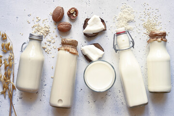 Alternative types of vegan milks in glass bottles. Top view with copy space.