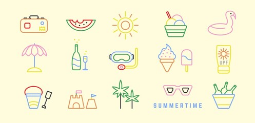 Set of various colorful line icons. Simple, outline Vector illustration. Summer holidays, vacation, tourism, beach, sea, travel concept. Geometric, minimalist design. Every icon is isolated