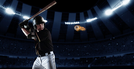 Poster with professional baseball player with baseball bat in action during match in crowed sport...