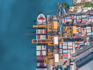 Container ship terminal, and quay crane of container ship at industrial port with shipping container vessel, Maritime cargo freight ship import export business service logistic international transport