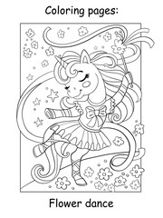 Cute dancing unicorn ballerina coloring book page