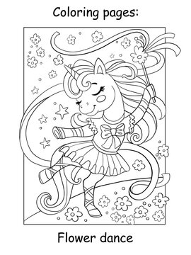 Cute dancing unicorn ballerina coloring book page
