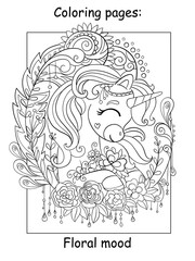 Cute dreaming unicorn with flowers coloring book page