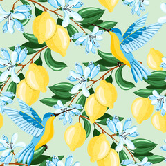 Tropical seamless pattern with yellow lemons on the blue background. Fruit repeated background. Vector bright print for fabric or wallpaper. Vector illustration