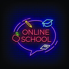 Online School Neon Sign On Brick Wall Background Vector