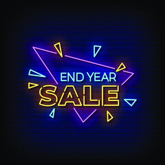 end year sale Neon Sign On Brick Wall Background Vector