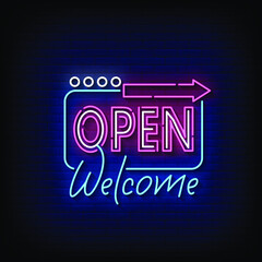 open welcome Neon Sign On Brick Wall Background Vector