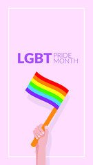 vector of hand holding rainbow flag isolated on pink background with text LGBT Pride Month , vertical