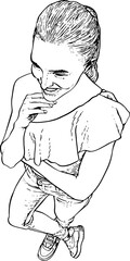 Smiling girl with hand under chin top view. Black and white illustration