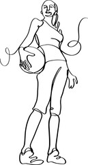 Portrait of sporty girl, standing, holding a ball under her arm. Continuous line vector illustration, bottom view.
Concept of sporty lifestyle, health, energy, vitality.