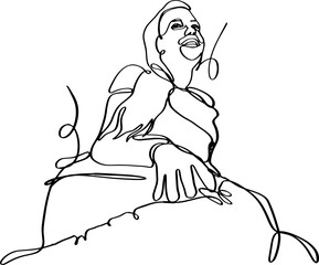 Black and white illustration of girl with long hair, lying down with legs curled up. Bottom view, continuous line illustration. 