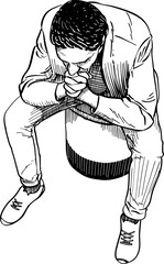 Portrait of a worried man with his head down and his hands under his chin. Black and white vector illustration, top view