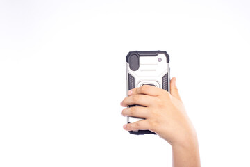 Fototapeta premium Child hand with smart phone isolated on white