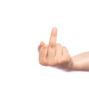 Middle finger up, child hand isolated on white