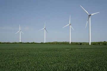 Northern German landscape with green plains and wind power mills under a blue spring sky, concept: food, clean and renewable energy, sustainability (horizontal), Hasede, Giesen, Lower Saxony, Germany