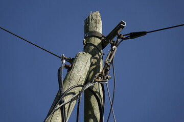 Wires and top of old wooden telegraph pole plus small cobbweb on the right side under a blue spring...