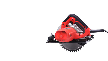 Fototapeta premium back side of red circular saw isolated white background