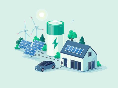 Home virtual battery energy storage with house photovoltaic solar panels plant, wind and rechargeable li-ion electricity backup. Electric car charging on renewable smart power island off-grid system.
