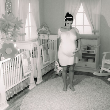 Young pregnant mother standing in baby's room ready to give birth to twins.