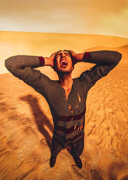 Illustration of man lost in desert, hands on his head screaming