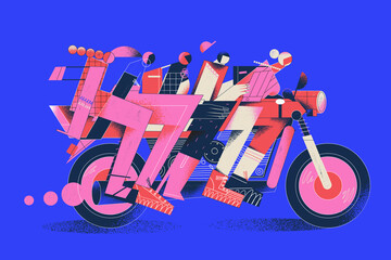 LGBTQIA+ concept illustration shows the queer and pride diverse community sharing same values and breakthrough represented by a conceptual motorcycle. - obrazy, fototapety, plakaty