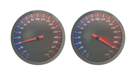 Speedometers isolated on white. High and low speed. Measuring instrument vector illustration.