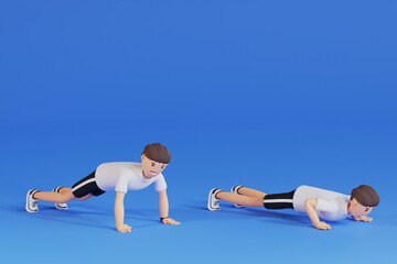 Obraz premium 3D cartoon character Man doing push-up and cardio exercises isolate blue background, Healthy lifestyle concept - 3D render illustration