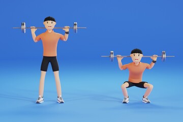 3D cartoon character Man doing weightlifting and cardio exercises isolate blue background,weightlifting dumbbells , Healthy lifestyle concept - 3D render illustration