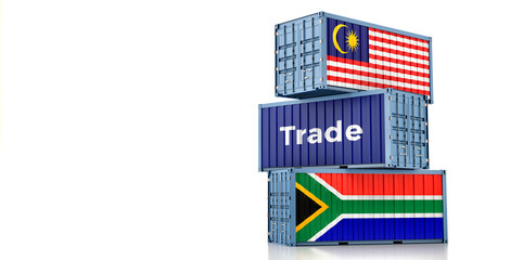 Cargo containers with Malaysia and South Africa national flags. 3D Rendering