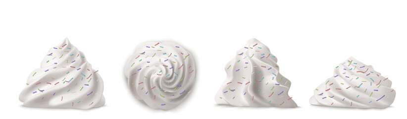 Whipped cream swirl or meringue with sprinkles top side view 3D vector. Custard, butter or vanilla creme for decoration cake, cupcake or muffin, realistic elements set isolated on background