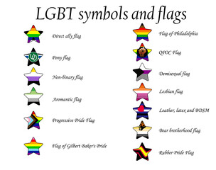 A set of new LGBT flags including Progressive, Aromantic, Philadelphia, QPOC, Demisexual, Lesbian, BDSM, Rubber