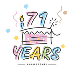 79 Years Anniversary handwritten typography lettering Greeting card with colorful big cake, sparkle firework, number, candle and confetti