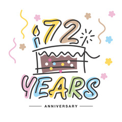 79 Years Anniversary handwritten typography lettering Greeting card with colorful big cake, sparkle firework, number, candle and confetti