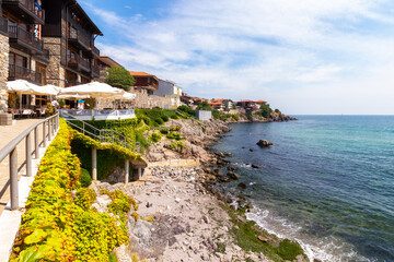 sozopol, bulgaria - AUG 09, 2015: embankment of old town on the seaside. popular travel destination. wonderful summer vacations