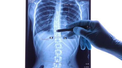 Doctor analyzing X ray of the spine showing scoliosis in the lumbar area. Scoliosis is an abnormal lateral curvature of the spine. Dolly shot 4k