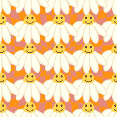 Retro Smile Chamomile Seamless Pattern on 1970 Wavy Swirl Seamless Pattern. Hippie Aesthetic.