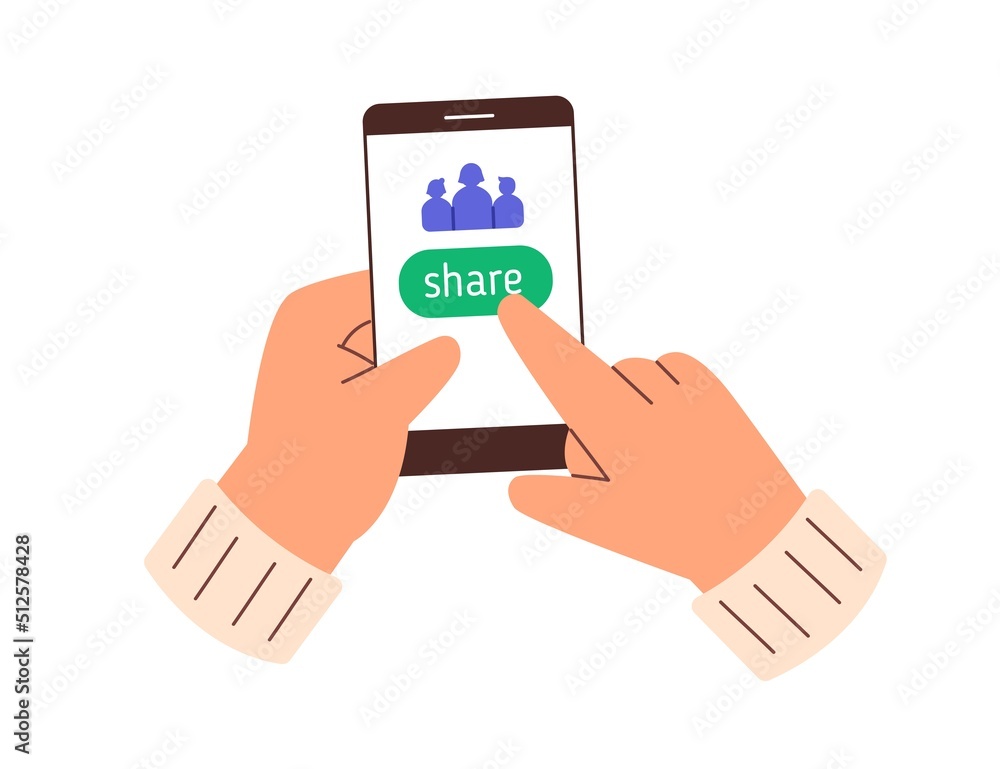 Poster clicking share button on phone screen in mobile donation app. hands holding smartphone, donating usi